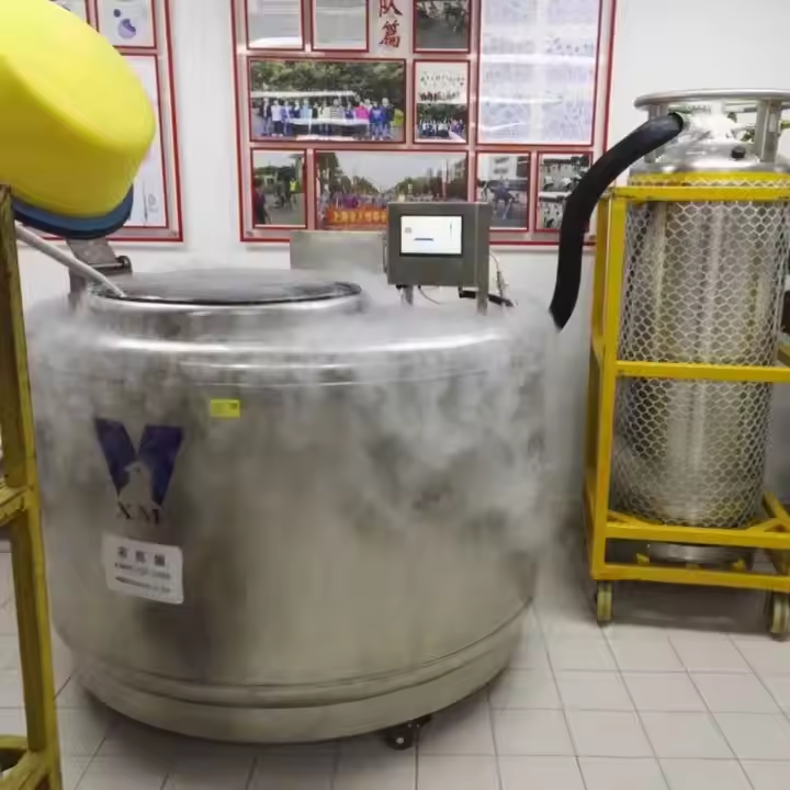 使用液氮罐凍存，外部結霜